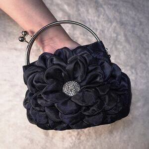 NWT 3D Sunflower Satin Rhinestone Clutch Kiss Lock 2 Colors Royal Blue Elegant